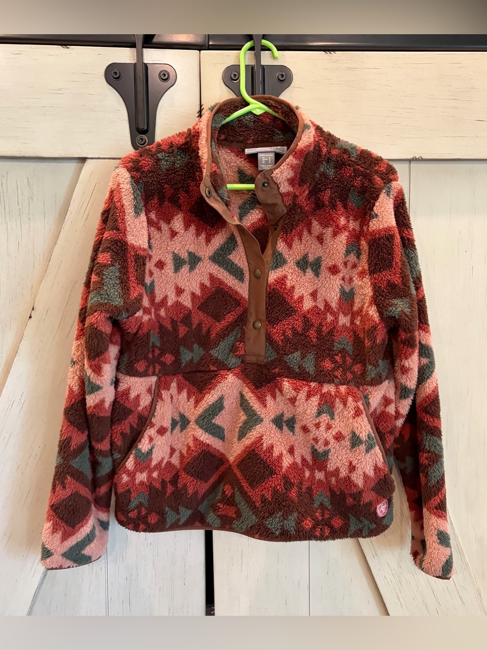 Ariat Aztec Fleece Pullover - Red, Pink, Brown, Green Size Medium